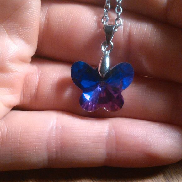 Magic Color Crystal Butterfly Brass Pendant Stainless Steel Necklace - Picture 14 of 16